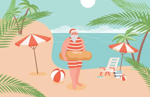 Babbo Natale in vacanza appartamento illustrazione. Babbo Natale personaggio in costume da bagno e salvagente prendersi un periodo di riposo. — Vettoriale Stock