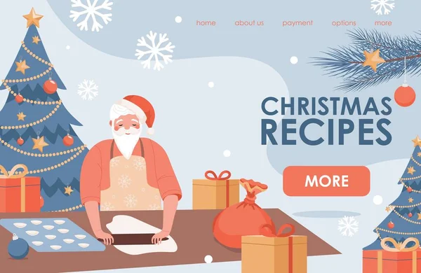 Receitas de Natal design de landing page. Papai Noel personagem cozinhar pratos de Natal vetor plana ilustração. —  Vetores de Stock