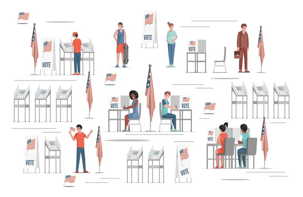 Szczęśliwi uśmiechnięci ludzie głosujący nad wyborami w USA wektor płaska ilustracja. Ludzie wybierający kandydatów na kartach do głosowania. — Wektor stockowy