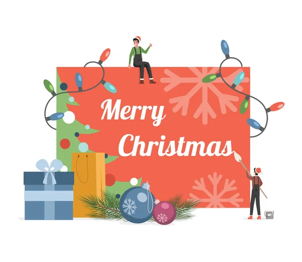 Vrolijk Kerst vector platte kaart ontwerp met schattige elfjes. Gelukkig nieuwjaar en vrolijk kerstbanner concept. — Stockvector