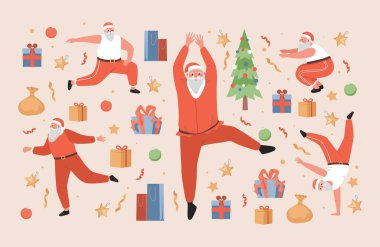 Komik Noel Baba sabah egzersizleri yapıyor vektör düz çizim. Hoş bir kış tatili tebrik kartı şablonu.