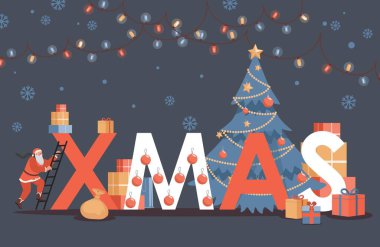 Mutlu noel vektörü düz poster tasarımı. Noel Baba Noel ağacını tatil için süsledi..