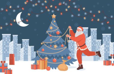 Noel Baba, Noel ağacı vektör düz çizim dekorasyonu yapıyor. Mutlu Noeller ve Mutlu Yıllar Kart Şablonu.