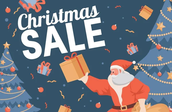 Vettore di vendita di Natale design banner piatto con testo. Babbo Natale con in mano una scatola regalo. Modello di poster di vendita stagionale. — Vettoriale Stock