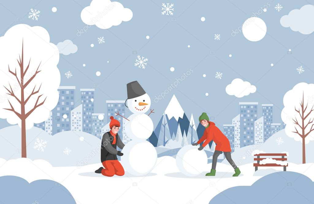 Happy smiling girl and boy in warm winter clothes making snowman in urban park vector flat illustration.