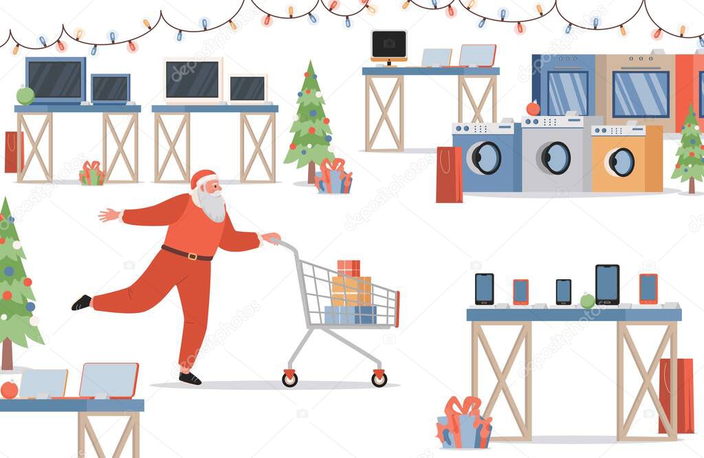 Santa Claus making shopping in electronics store vector flat illustration. Santa Claus preparing for Christmas.