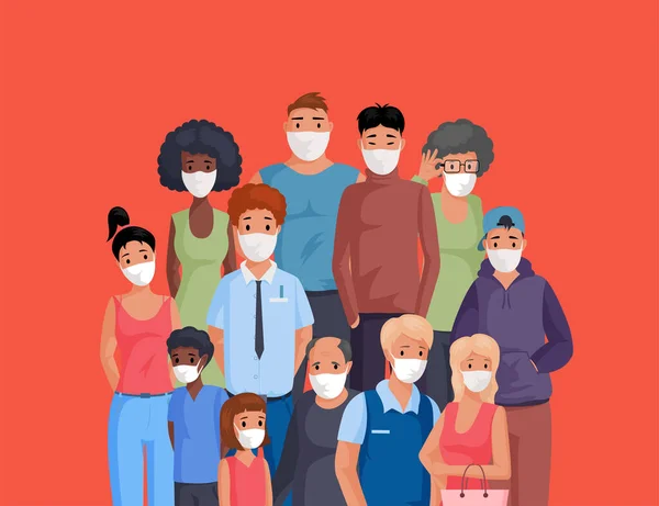 Wielorasowa i wielokulturowa grupa ludzi stojących razem i noszących maski twarzy płaska ilustracja z kreskówki. — Wektor stockowy
