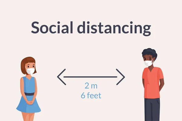 Δύο παιδιά με μάσκες προσώπου κρατήσει ασφαλή κοινωνική απόσταση στο δημόσιο 6 πόδια ή 2 μέτρα διάνυσμα επίπεδη απεικόνιση. — Διανυσματικό Αρχείο