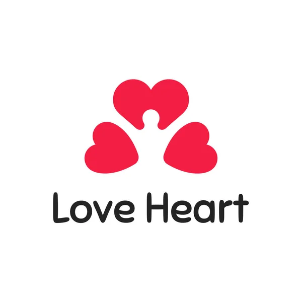 Любовь сердце логотип дизайн с силуэтом человека. Векторная плоская иллюстрация трех красных сердец. — стоковый вектор