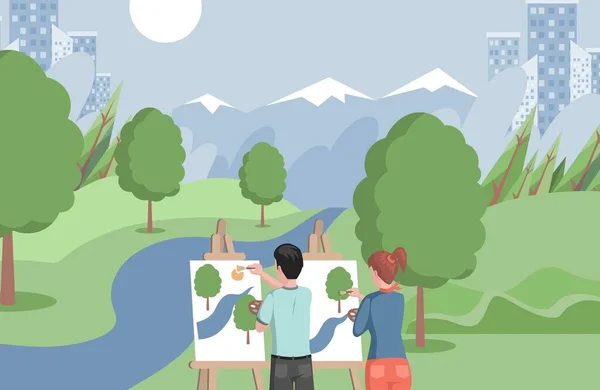 Crianças em pé na margem do lago e desenho paisagem vetor plana ilustração. Menina e menino estudando desenho. — Vetor de Stock