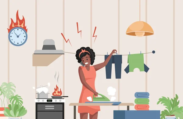 Multitâche femme cuisine, repassage des vêtements et de parler au téléphone vecteur plat illustration. Femme occupée faisant des travaux domestiques. — Image vectorielle