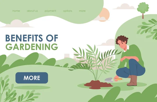 Benefícios do modelo de landing page de jardinagem. Homem de roupas casuais trabalhando no jardim, plantando árvore ou flor. —  Vetores de Stock