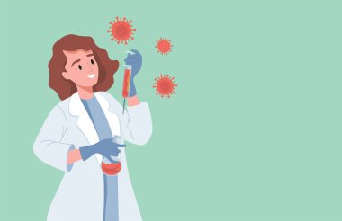 Coronavirus Covid-19 vektör düz çizimine karşı aşısı olan laboratuvar önlüklü mutlu bir kadın elinde şırınga tutuyordu..