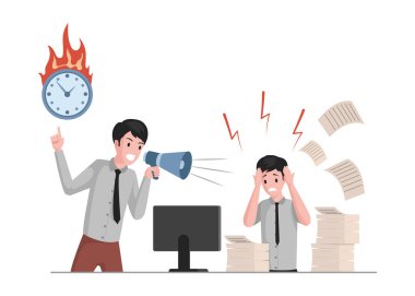 Ofis çalışanına megafonla bağıran bir adam ve bilgisayar başında el ele tutuşan bir işçi..