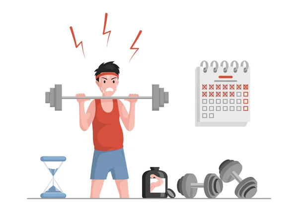 Losing weight vector flat concept. Sportsman preparing for summer or sport competition, lifting weights. — Stock Vector