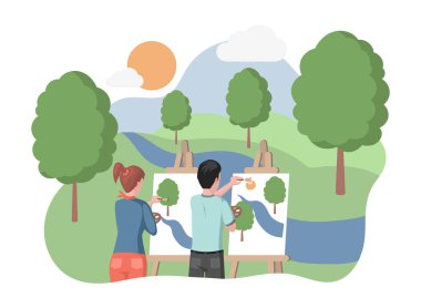 Ormanda ya da şehir parkında duran ve göl ve ağaçların manzarasını çizen çocuklar düz bir illüstrasyon oluşturuyorlar..