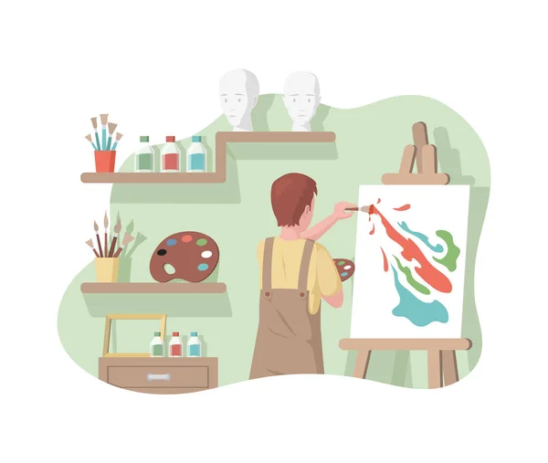 Boy in apron drawing abstract picture on canvas in art studio vector flat illustration. Artist drawing on easel. — Stock Vector