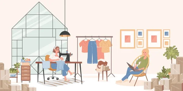 Tailor or dressmaker sews clothes on sewing machine, young smiling woman sitting in comfortable armchair and working on laptop vector flat illustration. — Stock Vector