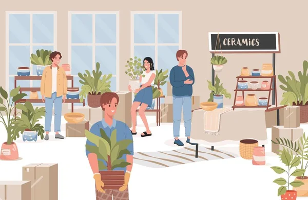 Group of happy people choosing and buying flowers, trees and flower pots in flower shop vector flat illustration. — Stock Vector