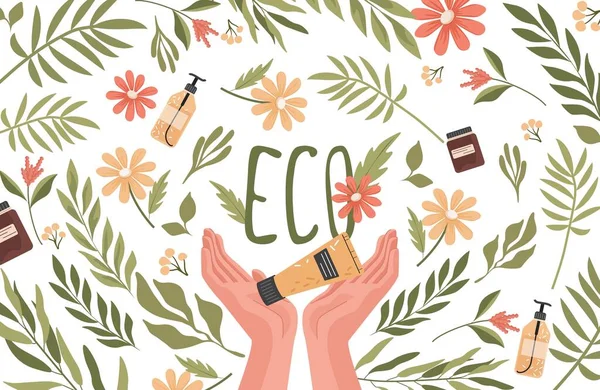 Eco cosmetics vector flat banner design. Hands holding tube of natural organic cream, tubes and jars. — Stock Vector
