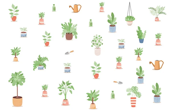 盆栽和园艺工具中的一组绿色植物、树木和花朵，白色背景上的平面插图. — 图库矢量图片