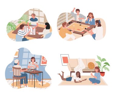 Masa oyunları oynayan bir grup insan. Mutlu gülümseyen arkadaşlar, erkekler ve kadınlar oturma odasında masa oyunları oynuyorlar..