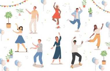 Festival ya da dans partisi vektör düz illüstrasyonunda bir grup insan. Dans pistinde dans eden erkekler ve kadınlar.
