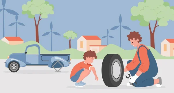 Feliz sorrindo pai e filho mudando e reparando rodas do carro juntos vetor ilustração plana. — Vetor de Stock