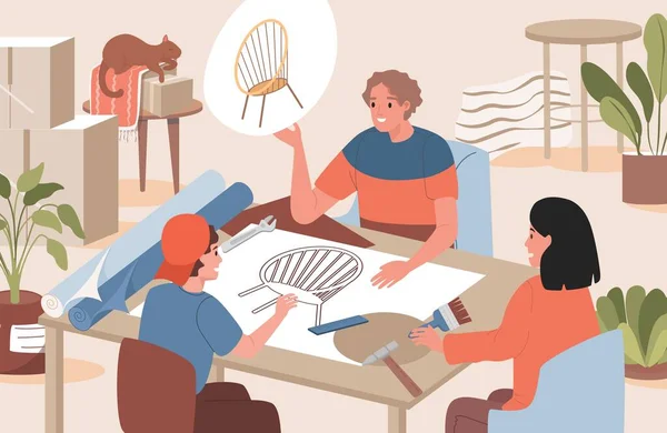 Grupo de pessoas discutindo design de móveis vetor ilustração plana. Família escolhe design de mobiliário. — Vetor de Stock