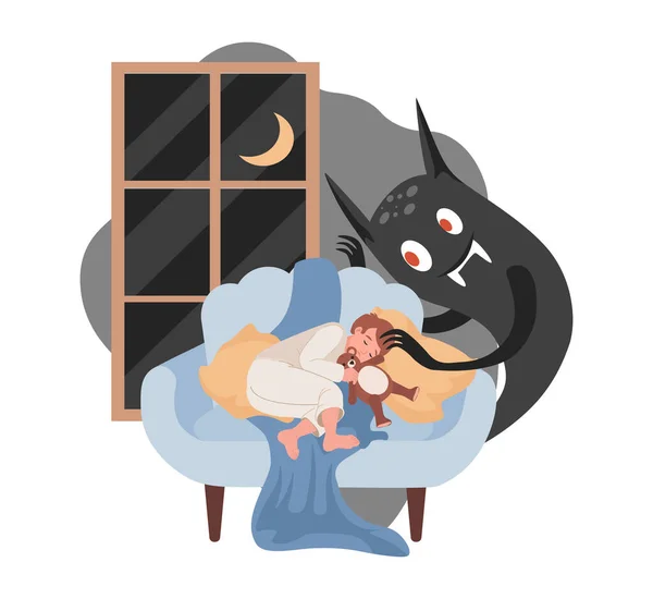 Boy sommeil, effrayant monstre de nuit noire prêt à attaquer garçon vecteur illustration plate. Mauvais rêve avec des fantômes terrifiants. — Image vectorielle