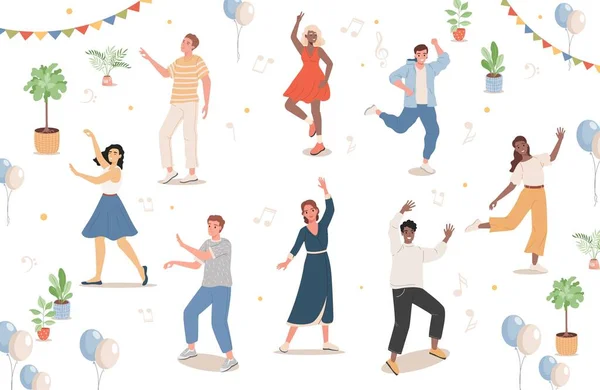 Grupo de personas en el festival o fiesta de baile vector ilustración plana. Hombres y mujeres bailando en la pista de baile. — Archivo Imágenes Vectoriales