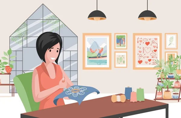 Vrouw zit aan tafel en naait vector platte illustratie. Vrouwelijk karakter borduurwerk op doek. — Stockvector