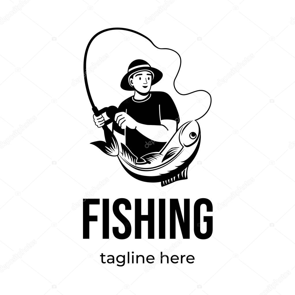 Fishing logo design. Fisherman catching fish with fishing rod vector emblem. Fishing sport, summer vacation hobby.