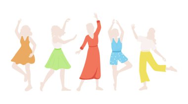 Farklı pozlardaki mankenler ya da siluetler vektör düz çizim oluşturuyor. Moda ve günlük kıyafetler..