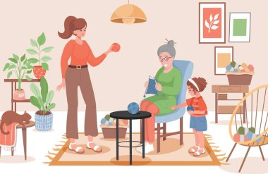 Rahat koltukta gülümseyen yaşlı kadın eşarp taşıyıcı düz çizim örüyor. Aile örgü işiyle meşgul.