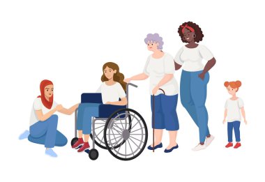 Kız güç vektörü düz konsept. Bir arada duran kadınlar. Uluslararası Kadın Günü, vücut pozitifliği.