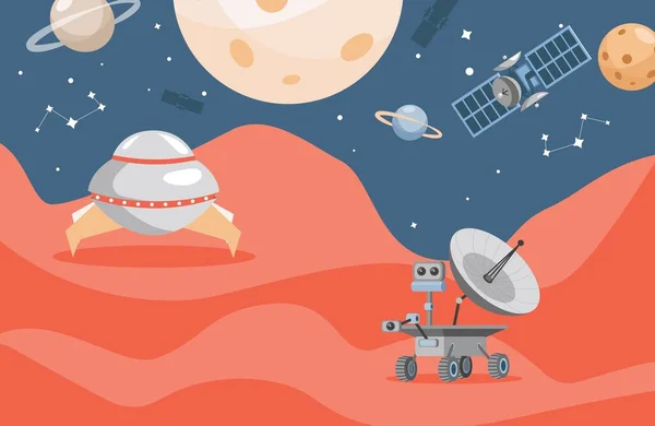 행성 탐사 벡터 플랫 포스터 개념. 화성 탐사, 우주 탐사, 로봇 차량에 대한 과학적 연구. — 스톡 벡터