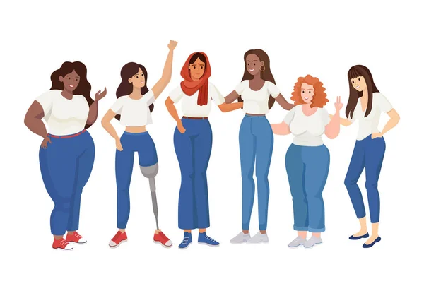 Mulheres de diferentes tamanhos e raças vetor plana ilustração. Dia Internacional da Mulher, Feminismo, conceito de corpo positivo. — Vetor de Stock