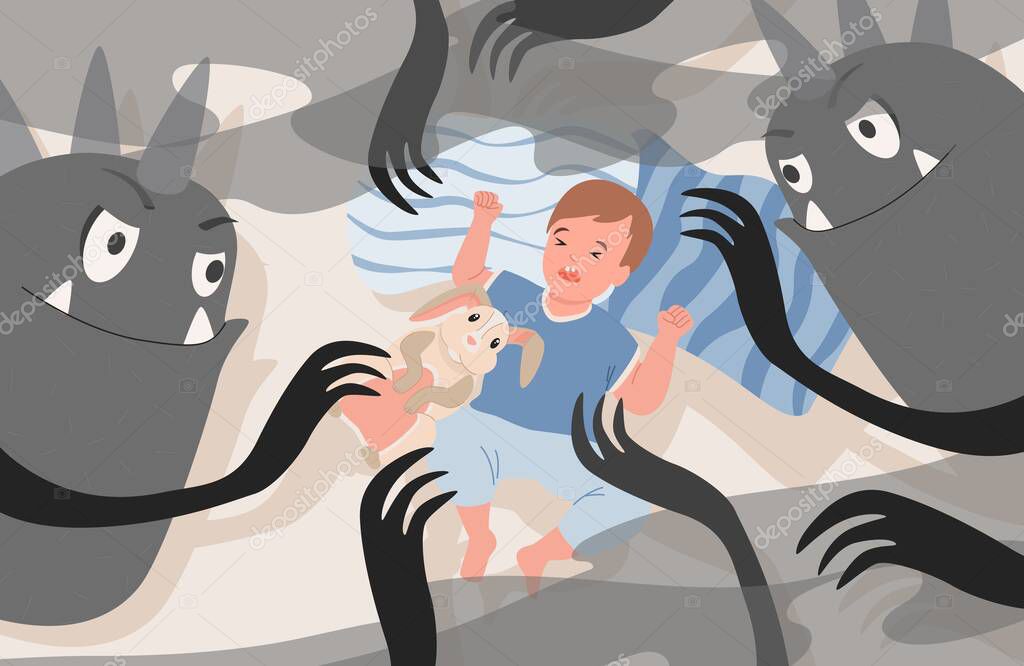 Little boy lying in bed at night and has nightmare with creepy black monsters vector flat illustration.