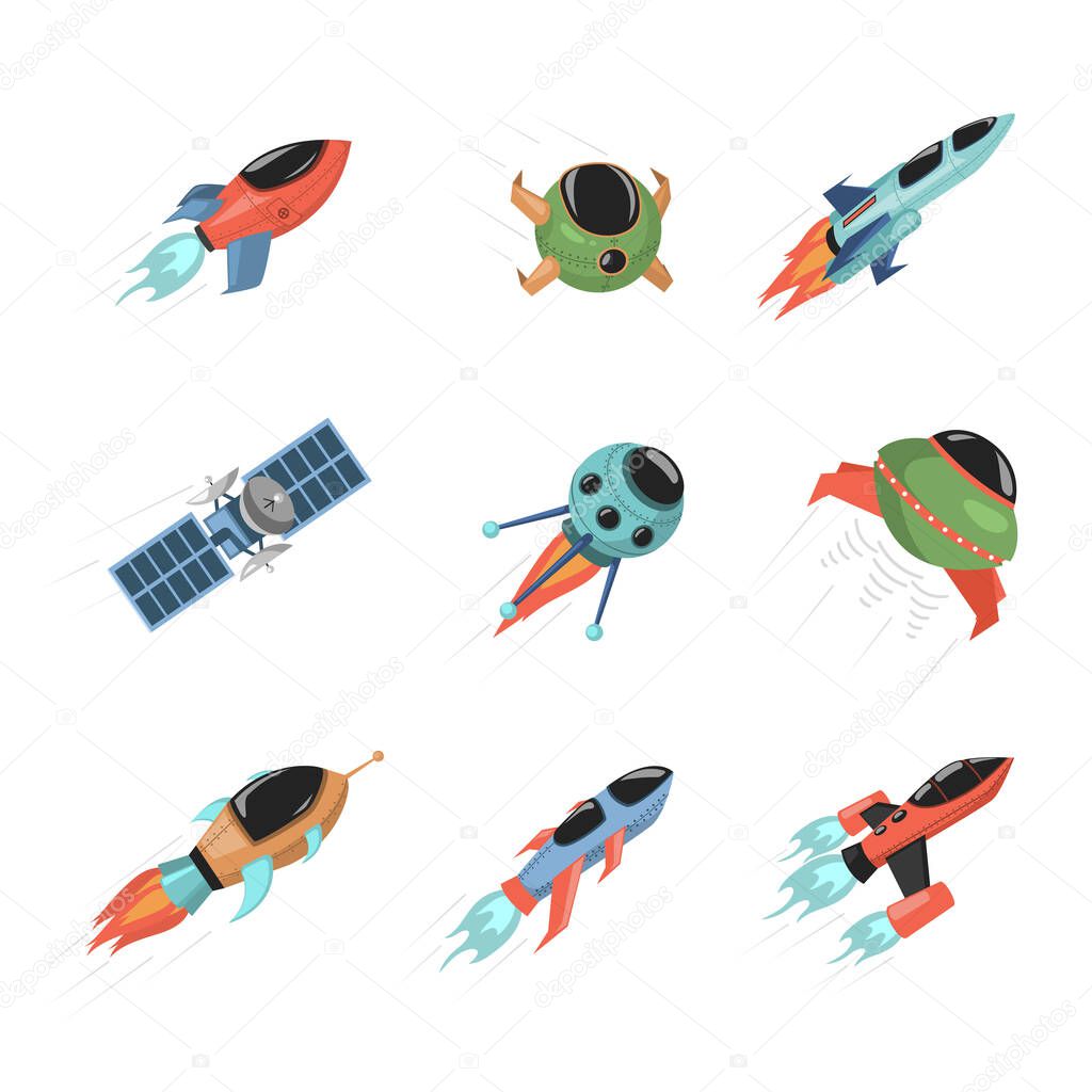 Set of spaceships and satellites on white background. Spacecrafts exploring cosmos vector flat illustration.