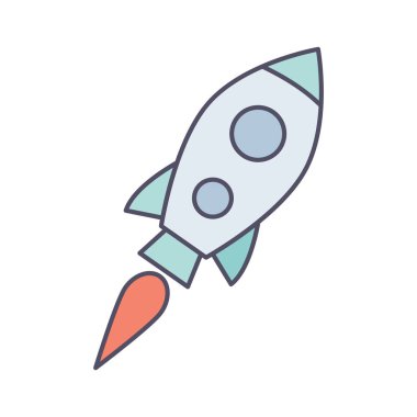 Roket vektör karikatür çizimi beyaz arkaplanda izole edildi. Uzay gemisi gökyüzüne uçuyor..