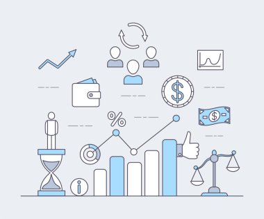 Business or investing application vector cartoon outline illustration. Invest strategy, business investment application.