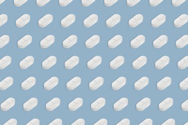 Pills vector flat pattern isolated on blue background. White drugs, painkillers, antibiotics, and vitamin tablets.