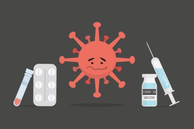 Oral Covid-19 vaccine, syringe and tube with vaccine against Coronavirus cell vector flat illustration.