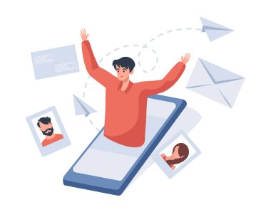 İnternet vektörü düz illüstrasyonunda iletişim ve sohbet. Genç ve mutlu bir adam arkadaşlarına e-posta gönderiyor..