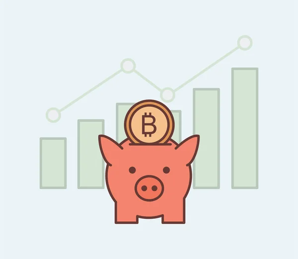 Piggy bank with bitcoin vector cartoon outline illustration on background of rising bar graph. Money savings concept. — Stock Vector