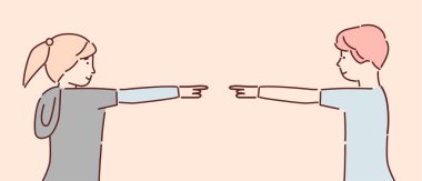 Mutlu gülümseyen oğlan ve kız kollarını uzatarak birbirlerine karşı duruyorlar. Çizgi film çizimleri..