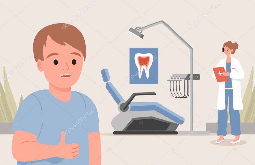 Odontología pediátrica clínica vector ilustración plana. Niño pequeño
