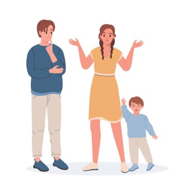 Upset and confused parents and crying little boy vector flat illustration isolated on white background. clipart
