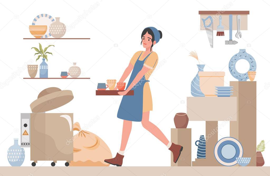 Woman clean pottery studio for pottery lessons vector flat illustration. Pottery workshop interior design.